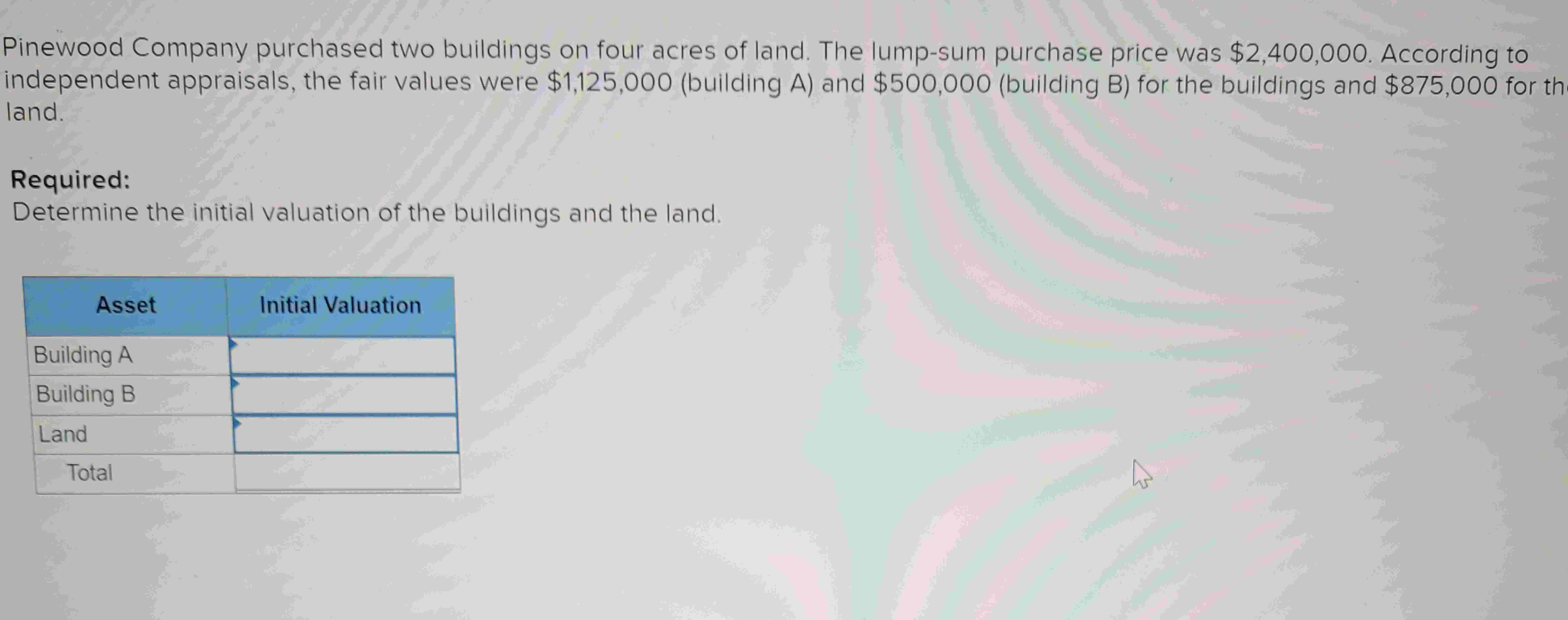 Pinewood Company purchased two buildings on four acres of land, The lump-sum