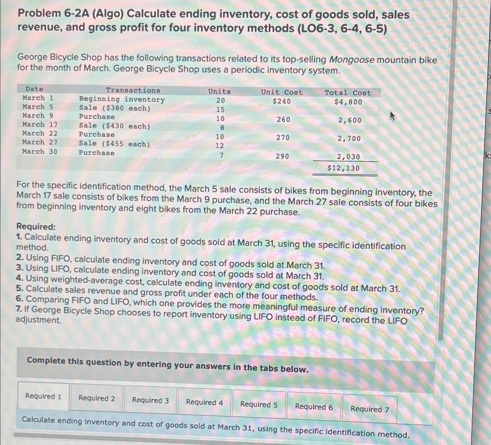  Problem 6-2A (Algo) Calculate ending inventory, cost of goods sold, sales