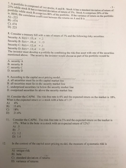  7. A portfolio i 25% while stock B has a standard