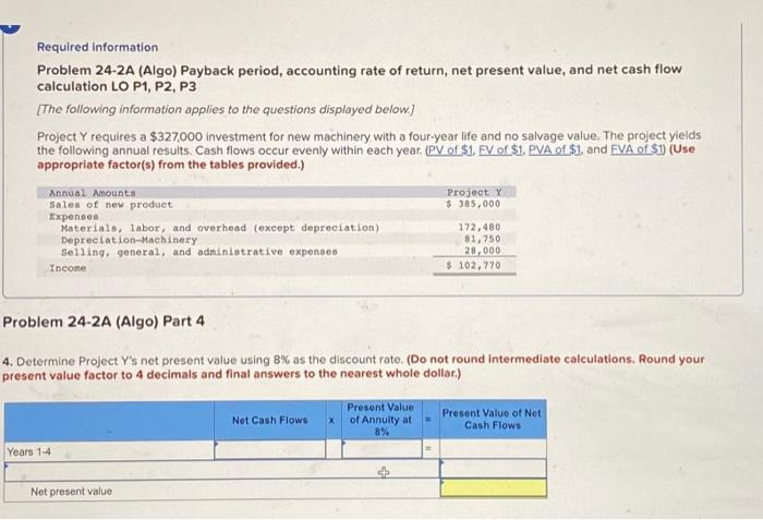 requires a $327,000 investment for new machinery with a four-year life and