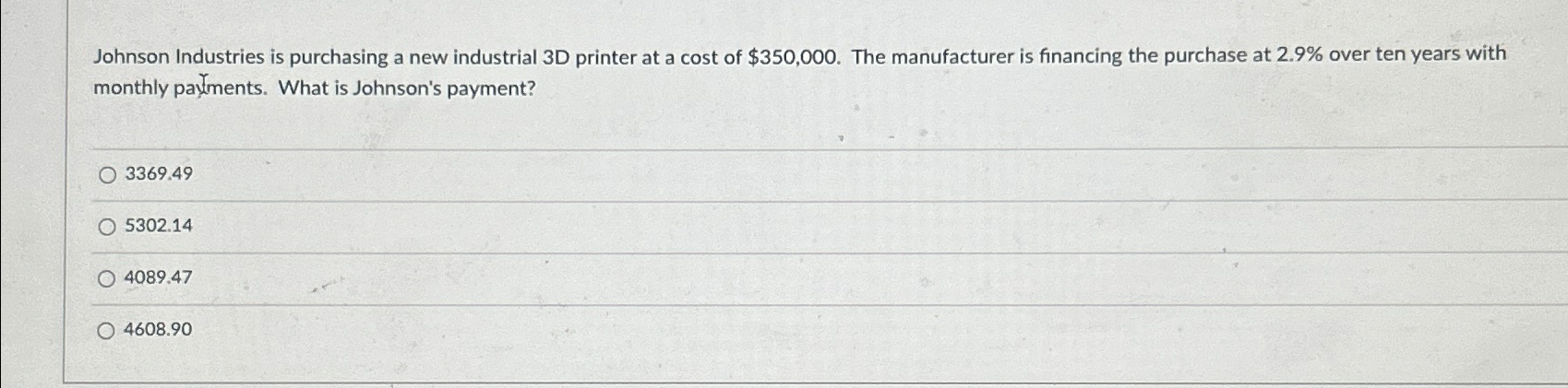  Johnson Industries is purchasing a new industrial 3D printer at a