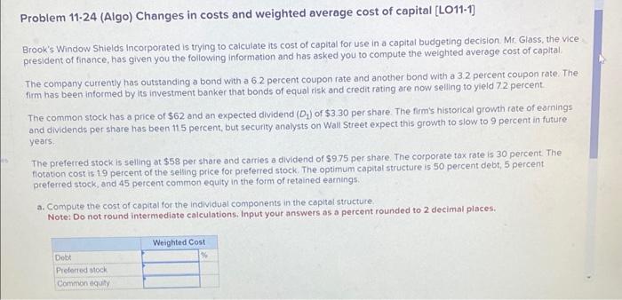  Problem 1124 (Algo) Changes in costs and weighted average cost of