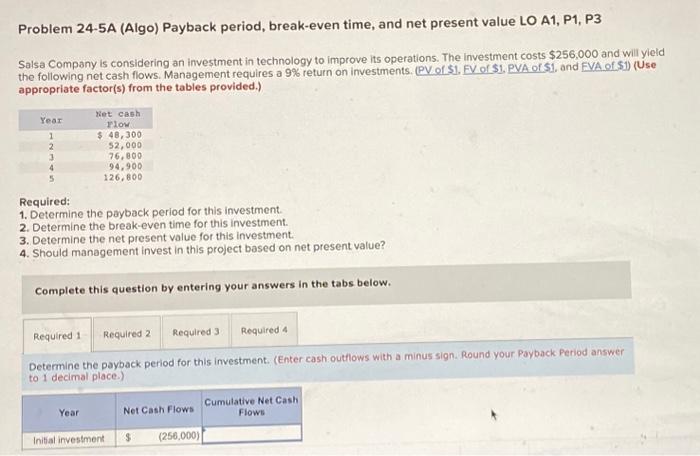 Help Please Problem 24-5A (Algo) Payback period, break-even time, and net present