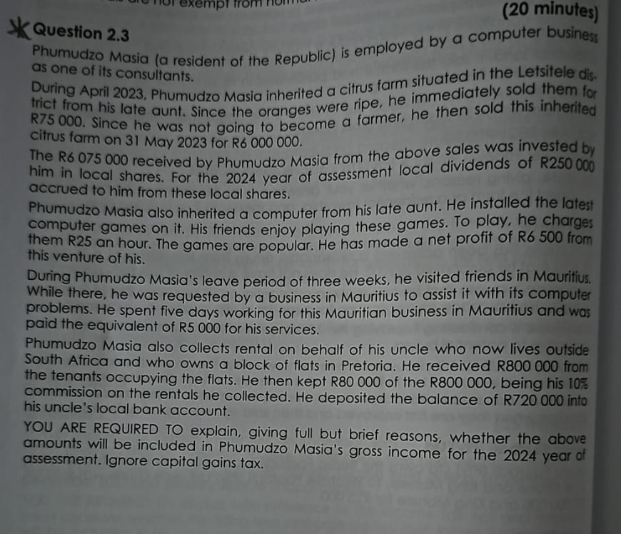  Question 2.3 (20 minutes) Phumudzo Masia (a resident of the Republic)