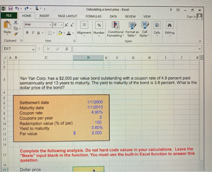  Calculating a bond price - Excel ? 6 X FILE HOME