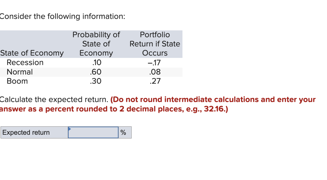  Consider the following information: Calculate the expected return. (Do not round
