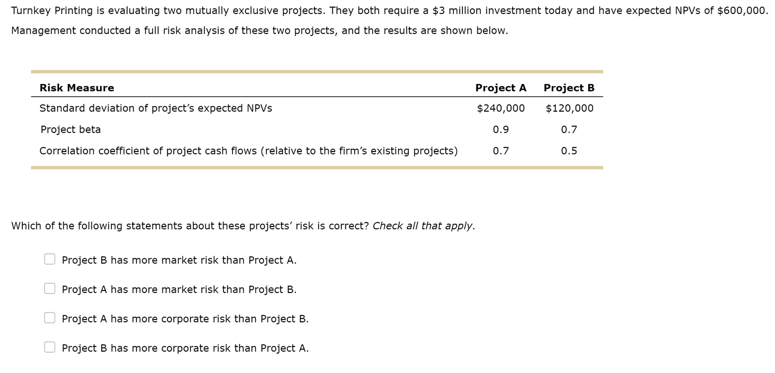  Turnkey Printing is evaluating two mutually exclusive projects. They both require