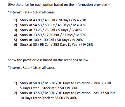  Give the price for each option based on the information provided