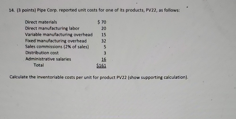  14. (3 points) Pipe Corp. reported unit costs for one of