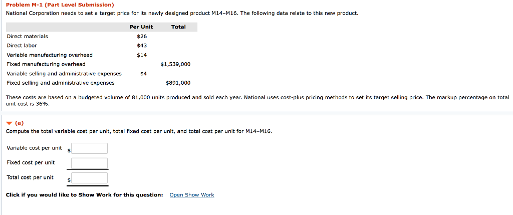  Problem M-1 (Part Level Submission) Nial Corporation needs to set a