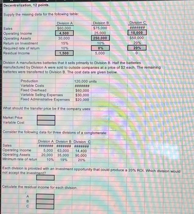  Decentralization, 12 points. Supply the missing data for the following table: