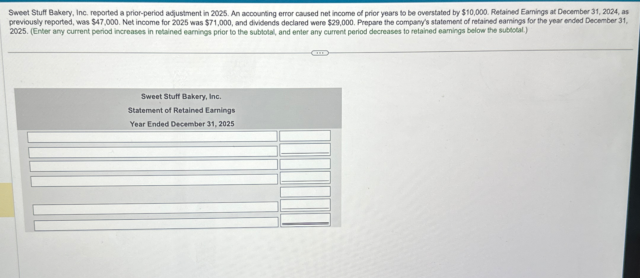  Sweet Stuff Bakery, Inc. reported a prior-period adjustment in 2025. An