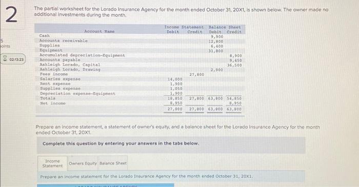  2 5 points 02:13:23 The partial worksheet for the Lorado Insurance