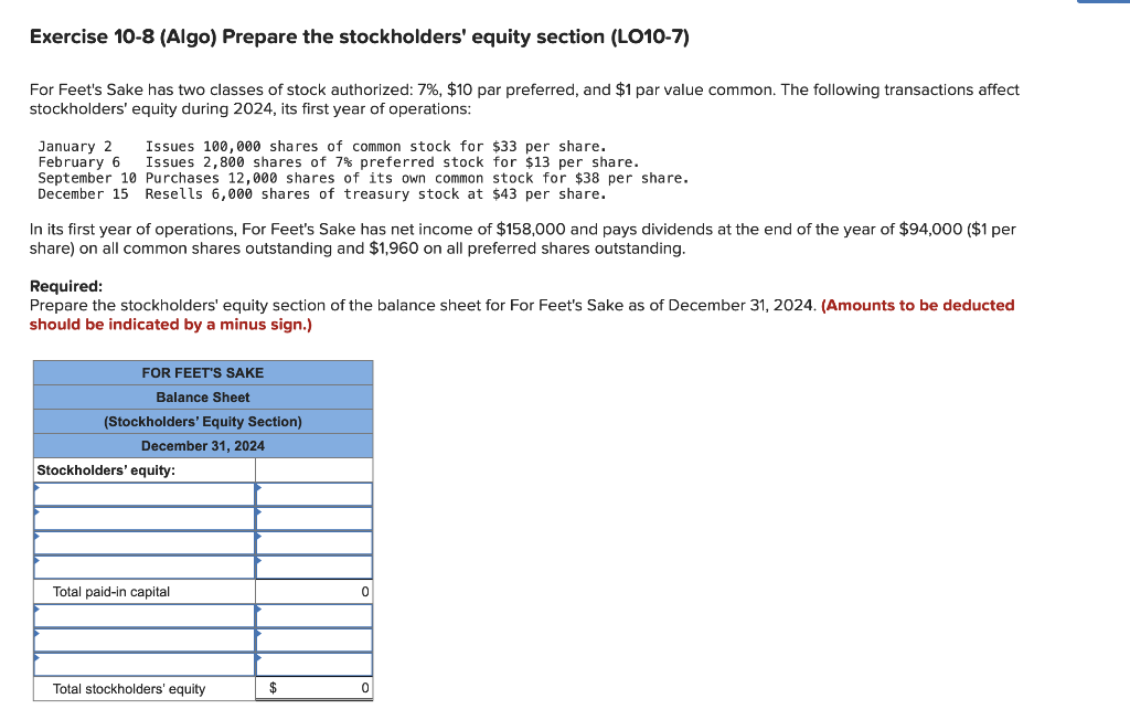 Exercise 10-8 (Algo) Prepare the stockholders' equity section (LO10-7) For Feet's