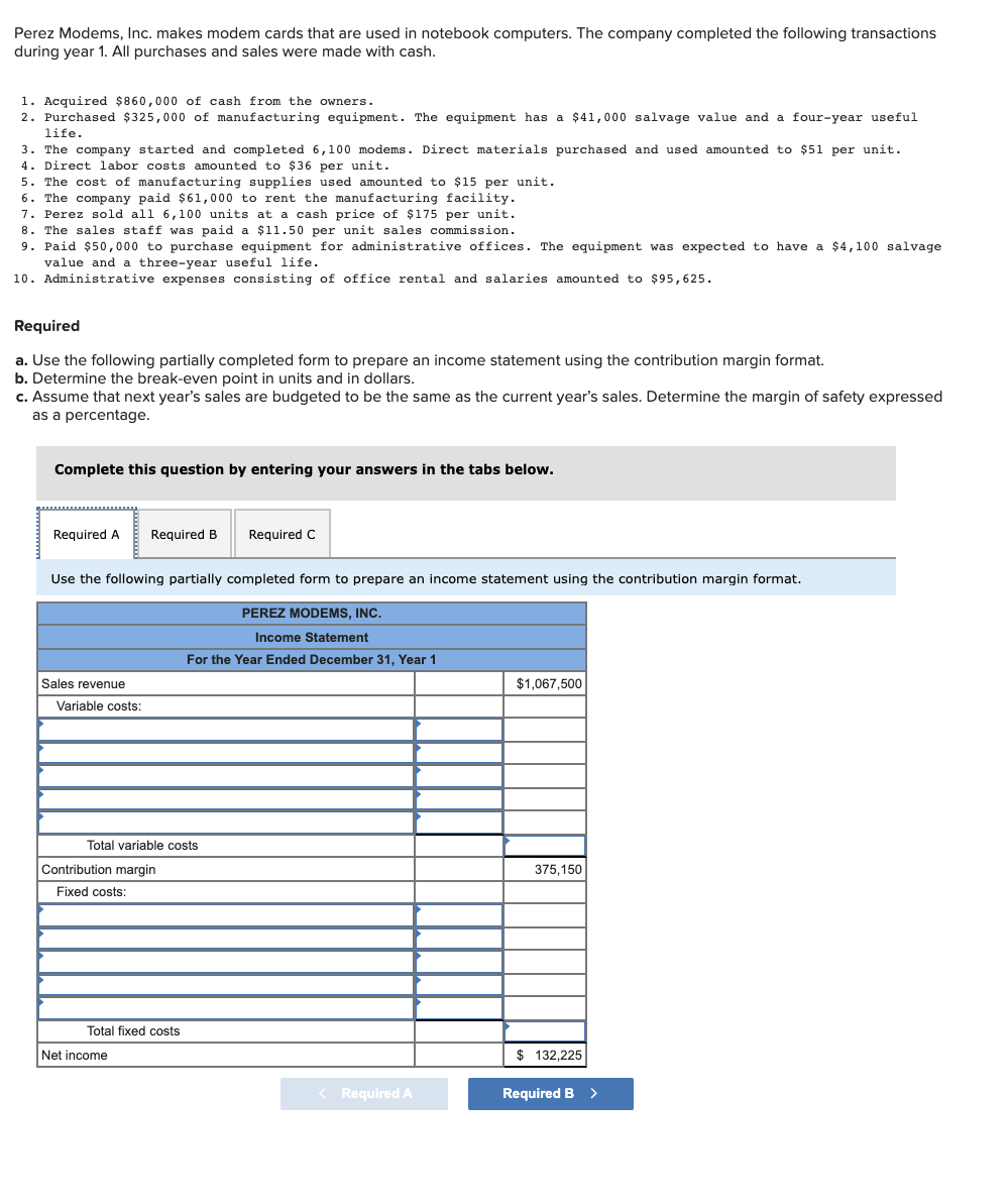 Fill in the chart from the photo, also answer Break Even point