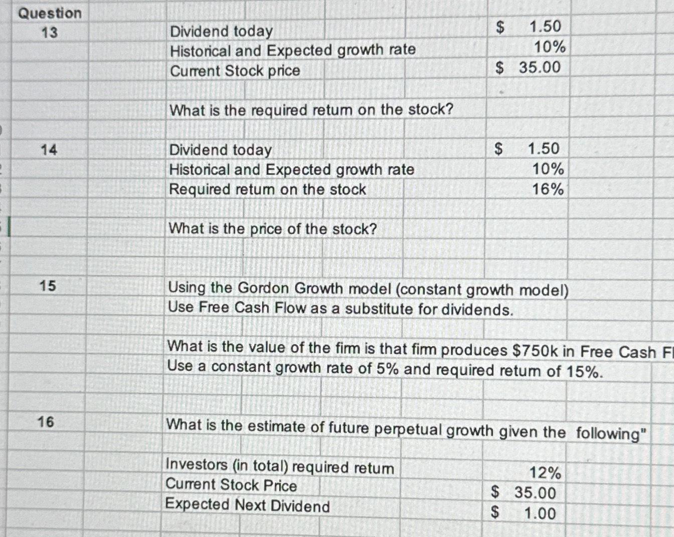 Question 13 14 15 16 Dividend today Historical and Expected rowth rate