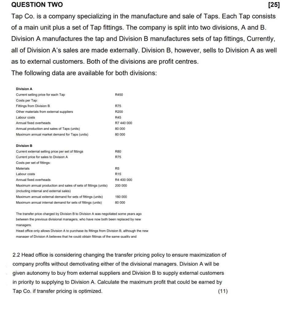  QUESTION TWO [25] Tap Co. is a company specializing in the