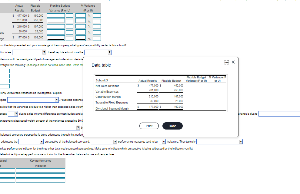 (Enter a variance for each account as a positive number and select