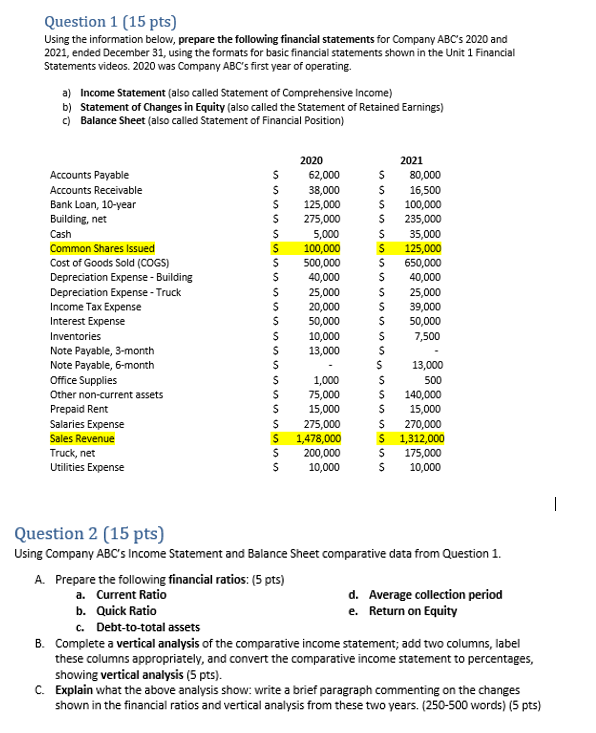Question 1 (15 pts) Using the Information below, prepare the following financial