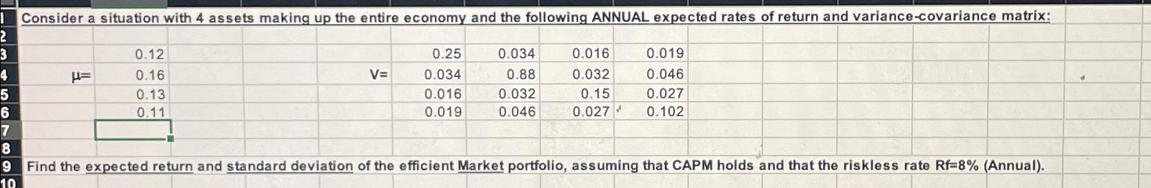  Consider a situation with 4 assets making up the entire economy