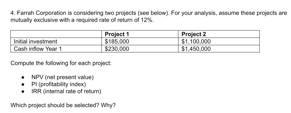  4. Farrah Corporation is considering two projects (see below). For your