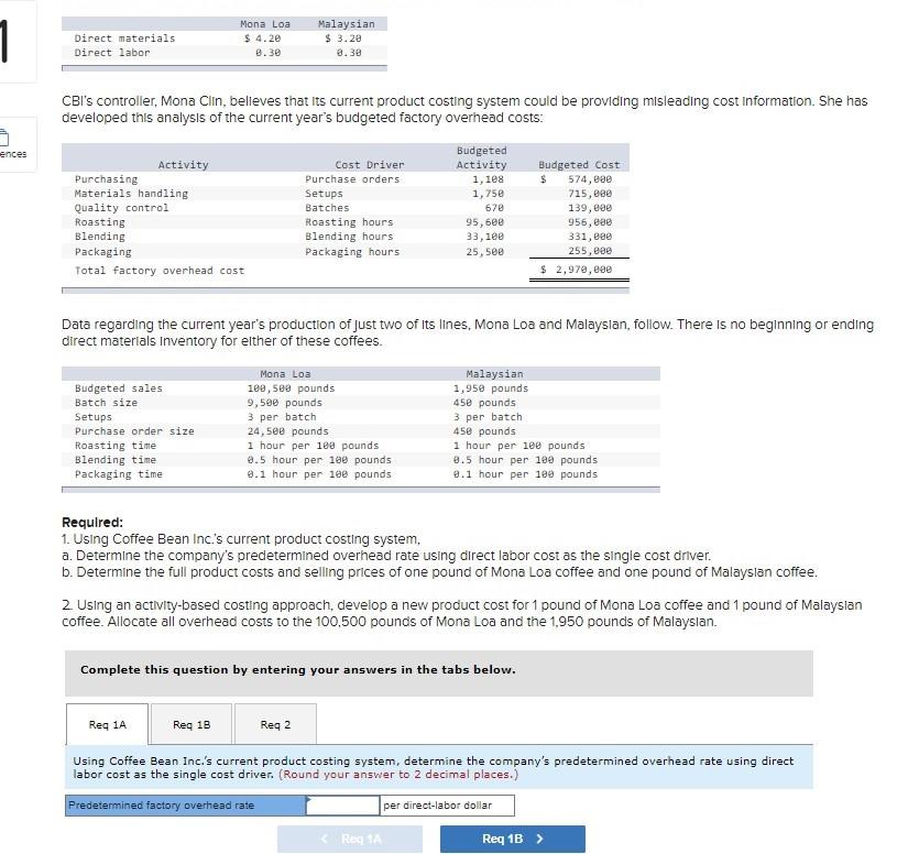 Help please. Coffee Bean Inc. (CBI) processes and distributes a variety of