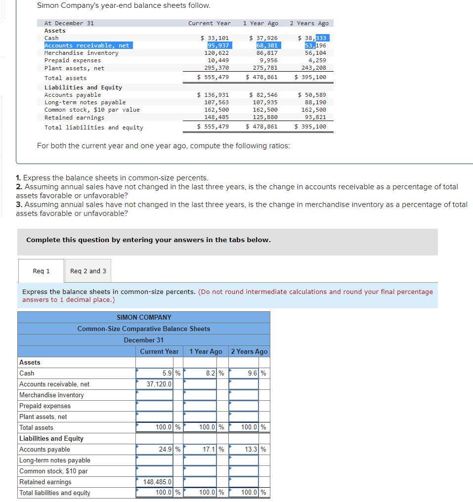 1. Express the balance sheets in common-size percents. 2. Assuming annual