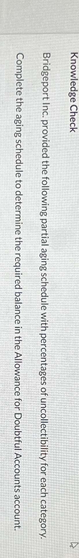  Knowledge Check Bridgeport Inc. provided the following partial aging schedule with