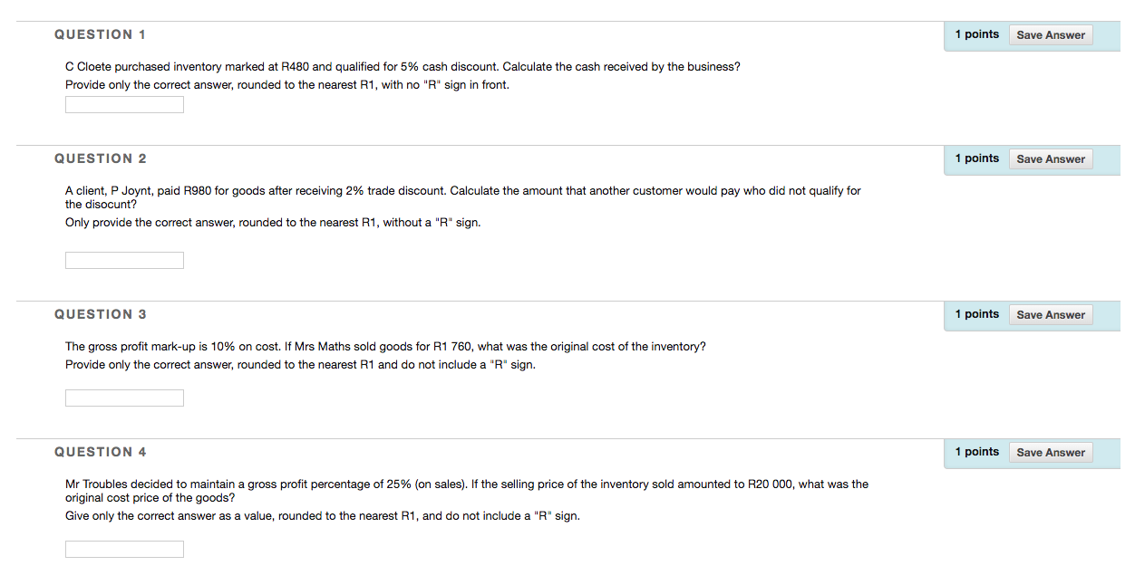  QUESTION 1 1 points Save Answer C Cloete purchased inventory marked