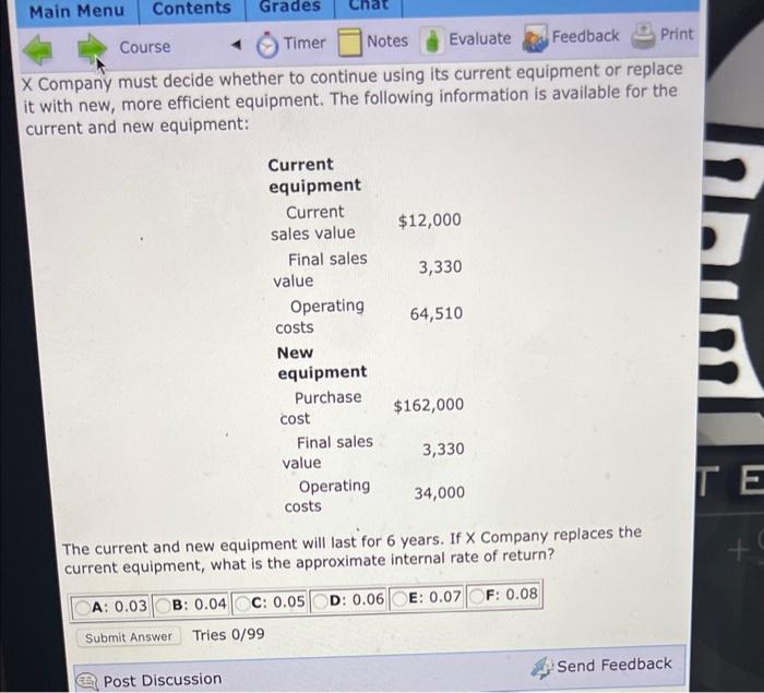  X Company must decide whether to continue using its current equipment