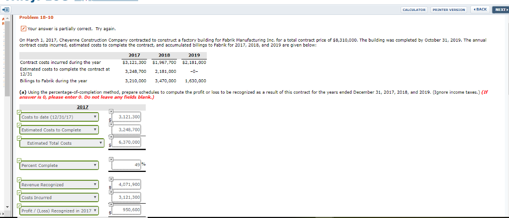  CALCULATOR PRINTER VERSION BACK Problem 18-10 Your answer is partially correct.