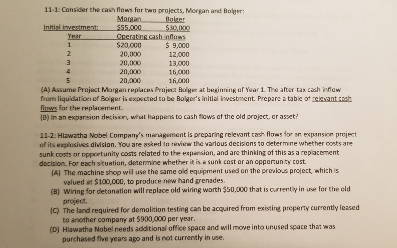 11-1: Consider the cash flows for two projects, Morgan and Bolger: