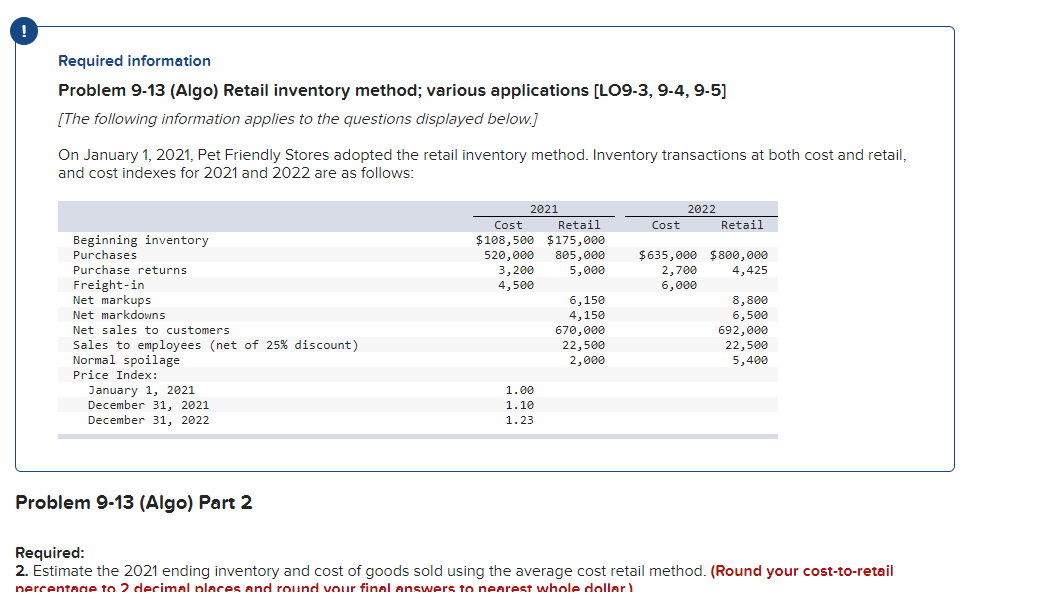 Required information Problem 9-13 (Algo) Retail inventory method; various applications (LO9-3,