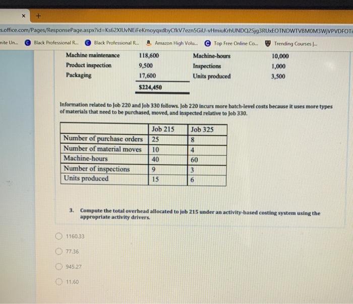 five indirect cost pools (purchasing material handling machine maintenance, product inspection, and