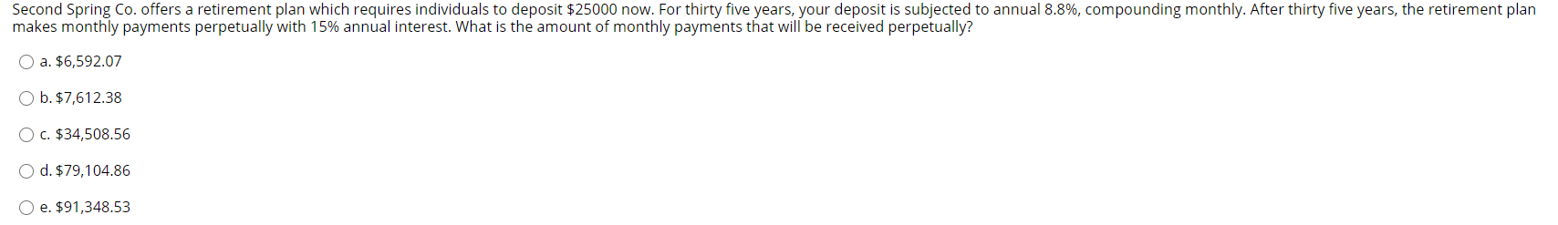 Second Spring Co. offers a retirement plan which requires individuals to