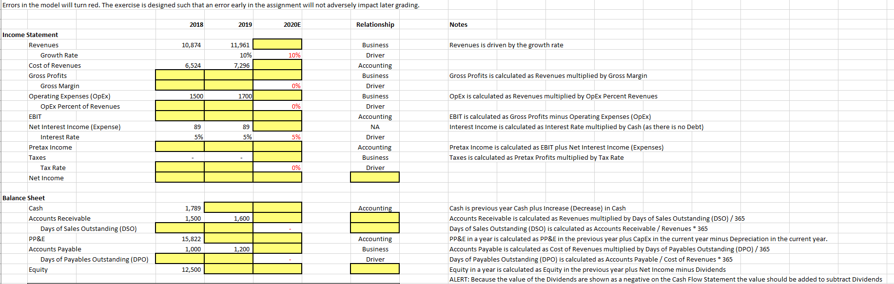  Errors in the model will turn red. The exercise is designed
