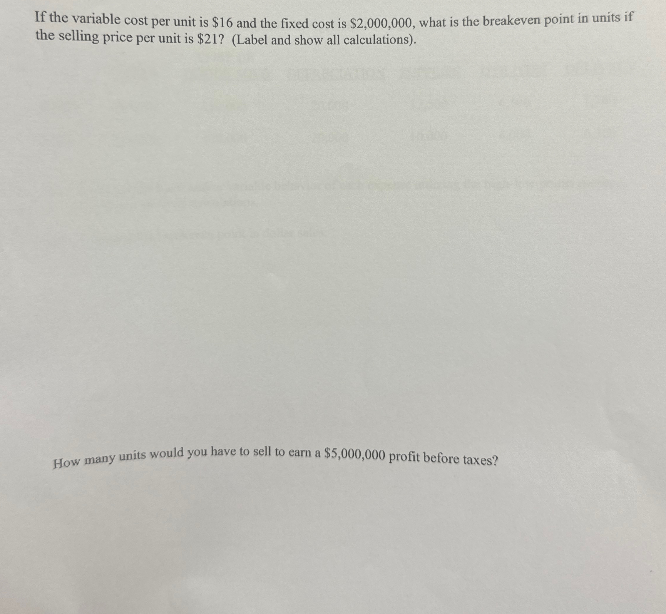 If the variable cost per unit is $16 and the fixed
