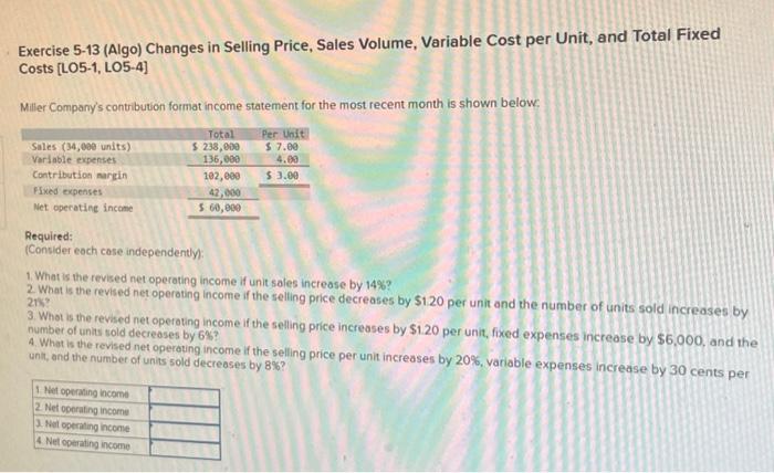  Exercise 5-13 (Algo) Changes in Selling Price, Sales Volume, Variable Cost