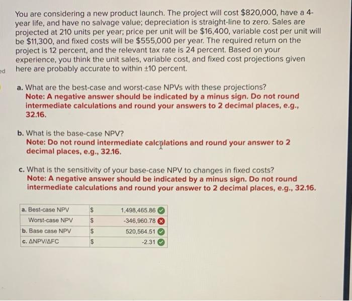 Worst case NPV is wrong. Please help! You are considering a new