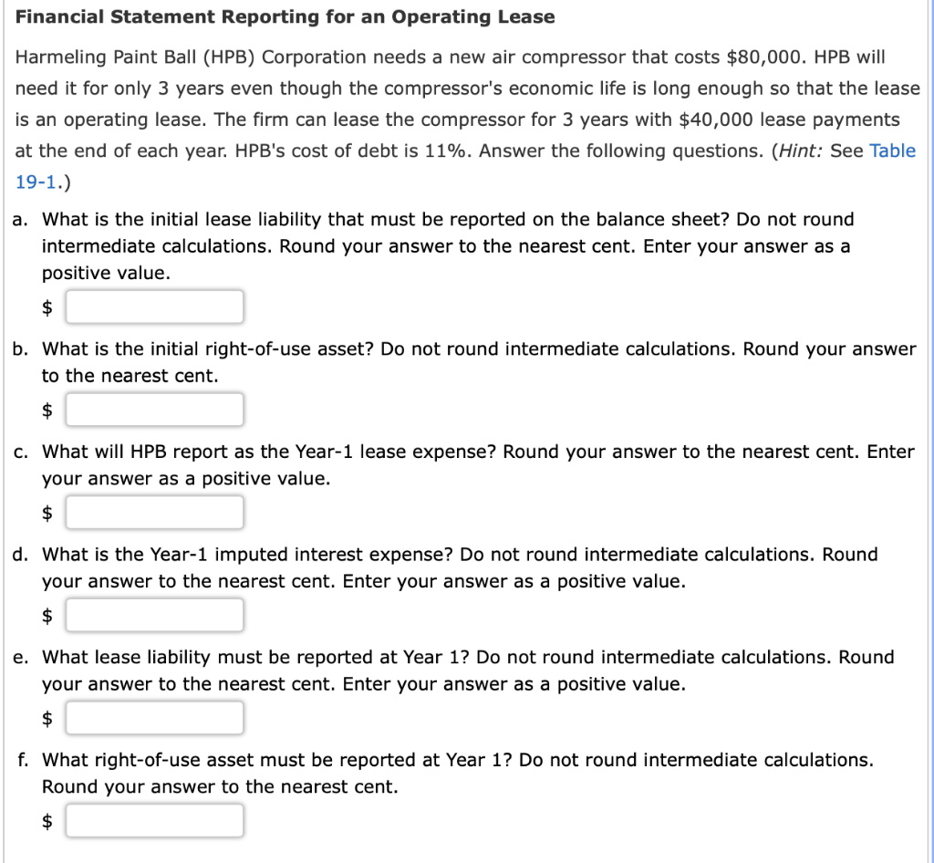 Financial Statement Reporting for an Operating Lease Harmeling Paint Ball (HPB)