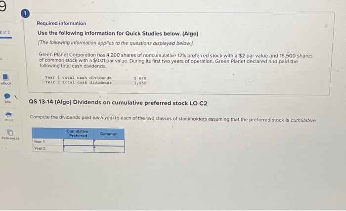 answer all questions Required information Use the following information for Quick Studies
