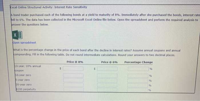  Excel Online Structured Activity: Interest Rate Sensitivity A bond trader purchased