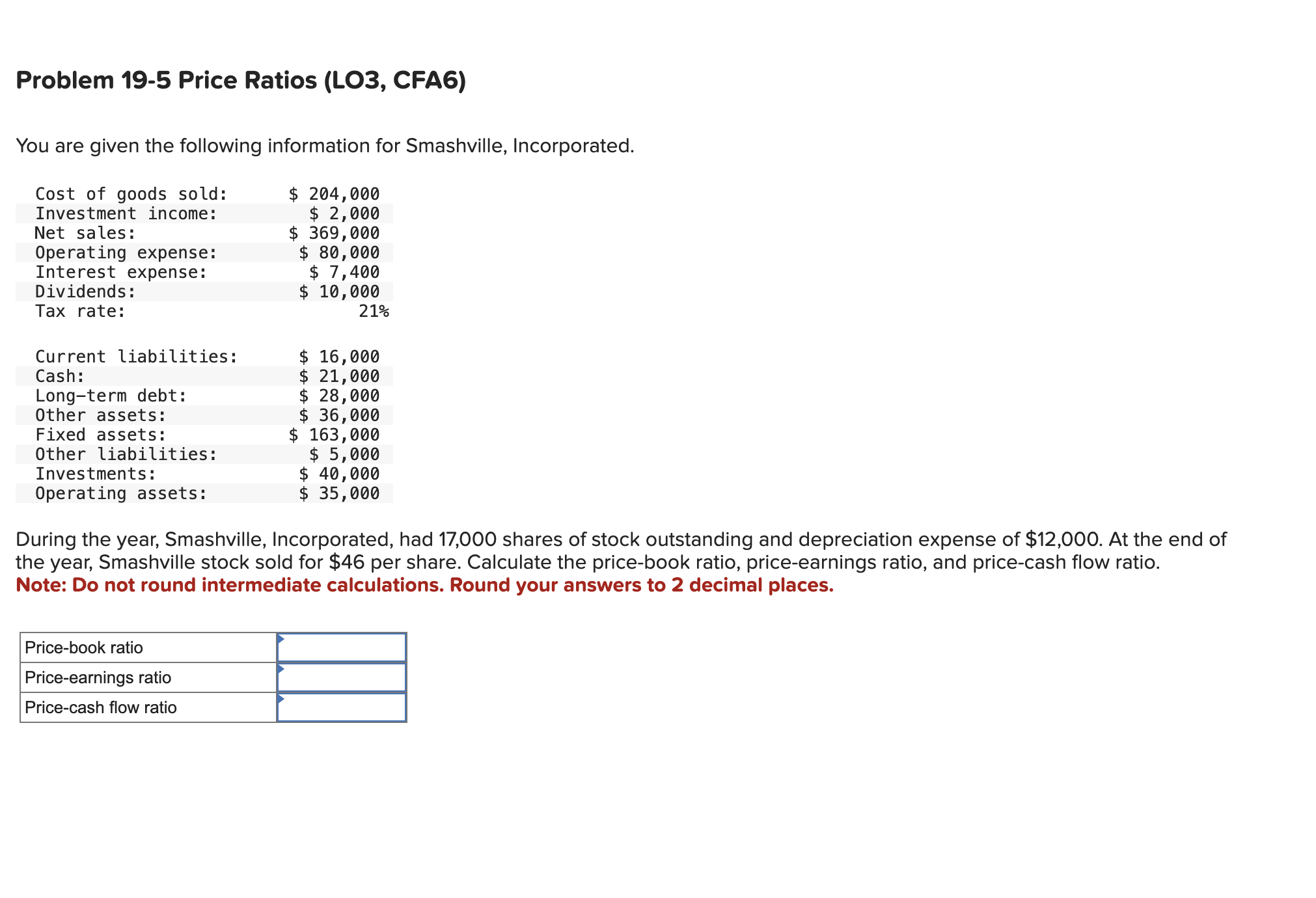  Problem 19-5 Price Ratios (LO3, CFA6) You are given the following