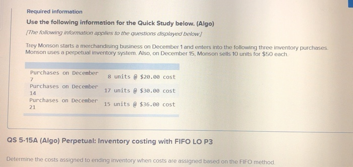  Required information Use the following information for the Quick Study below.