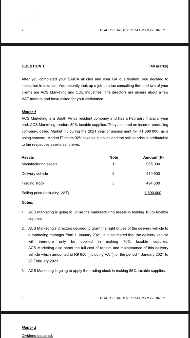  2 HTAX331-1-Jul-Dec2021-SA1-MS-V3-26102021 QUESTION 1 (40 marks) After you completed your SAICA