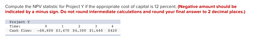  Compute the NPV statistic for Project Y if the appropriate cost