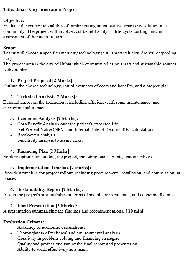  Title: Smart City Innovation Project Objective: Evaluate the economic viability of