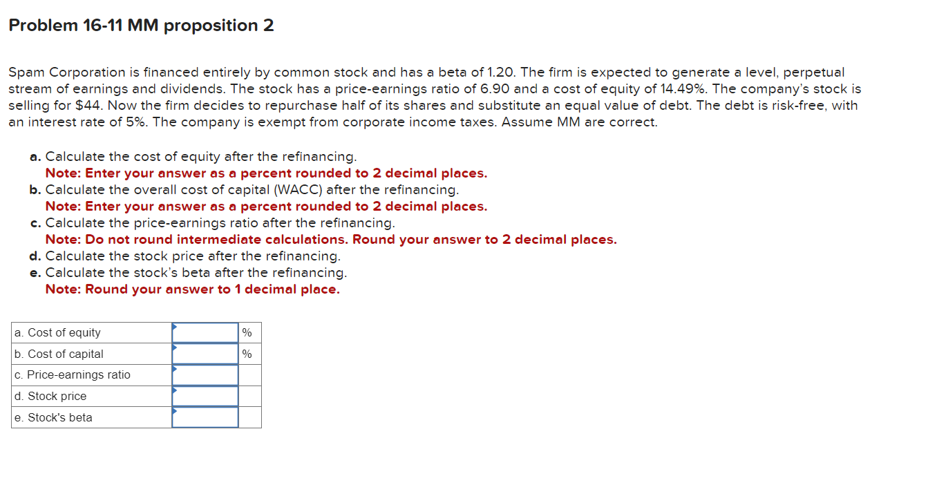  Problem 16-11 MM proposition 2 Spam Corporation is financed entirely by