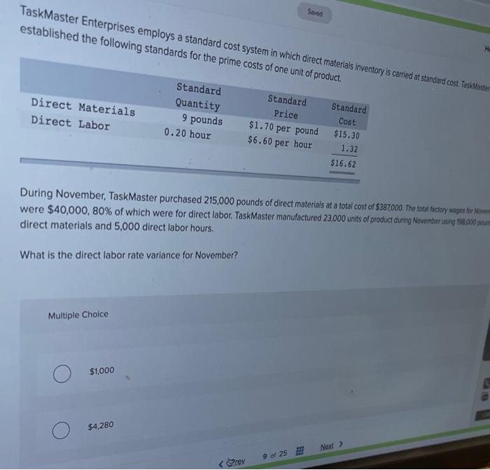  Saved TaskMaster Enterprises employs a standard cost system in which direct