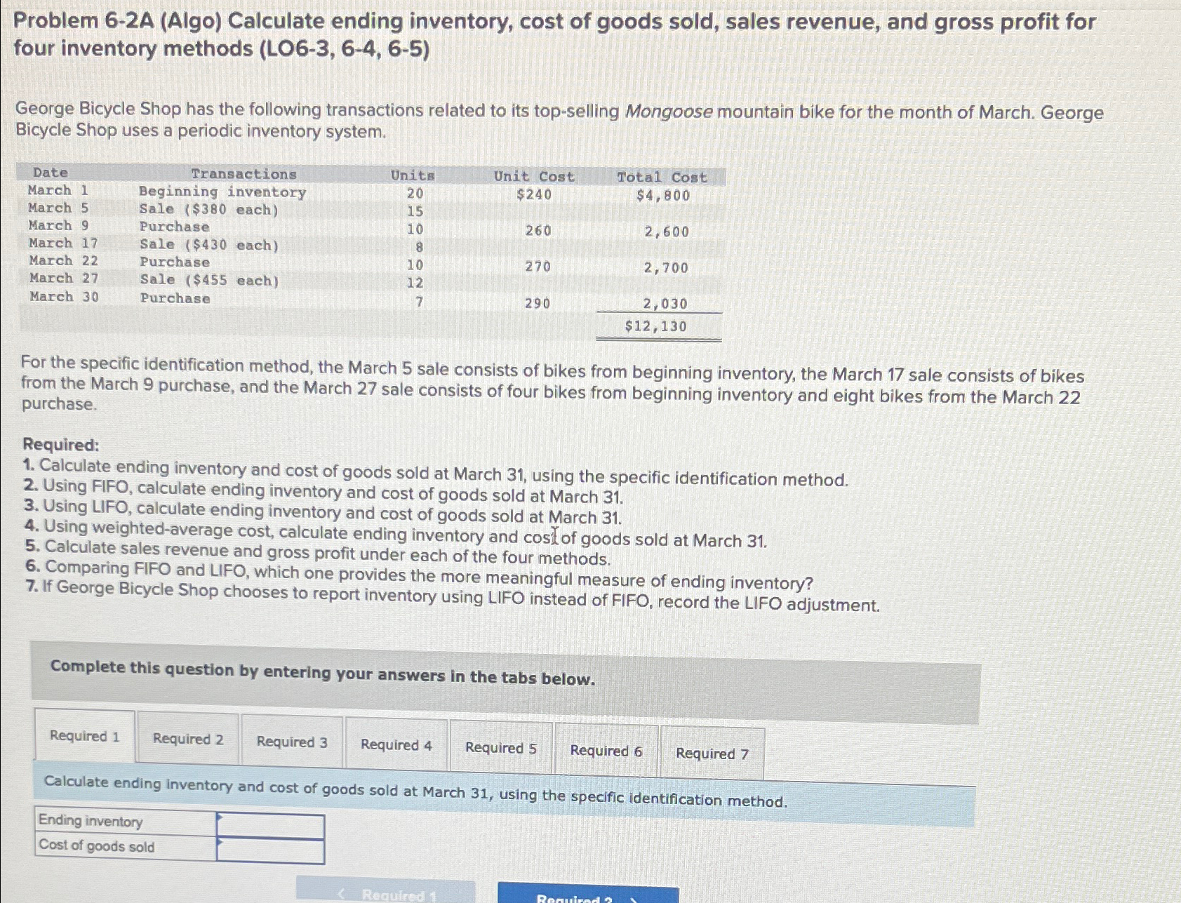  Problem 6-2A (Algo) Calculate ending inventory, cost of goods sold, sales